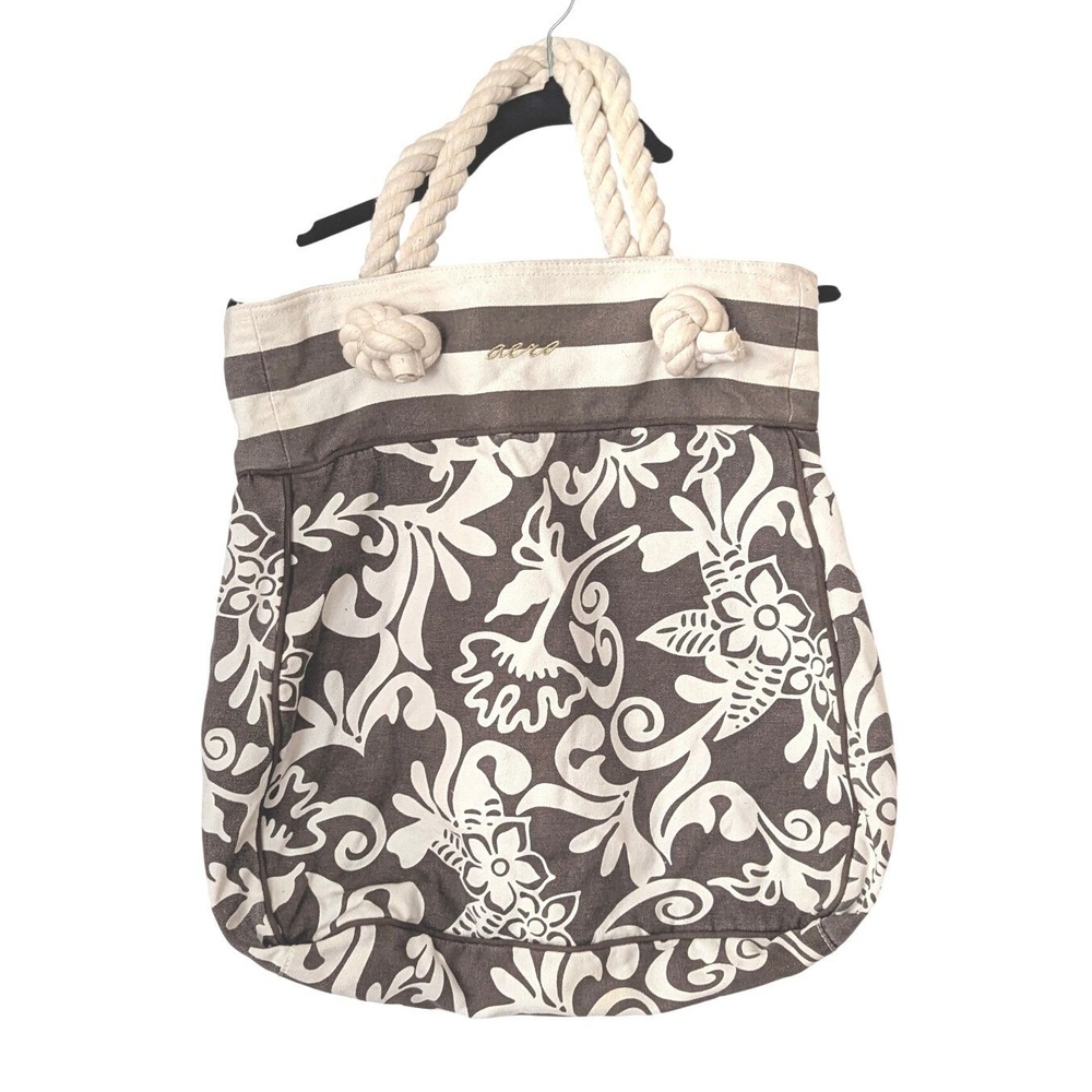 Aeropostale Brown White‎ Floral Stripe Tote Bag Rope Handles Beach Vacation